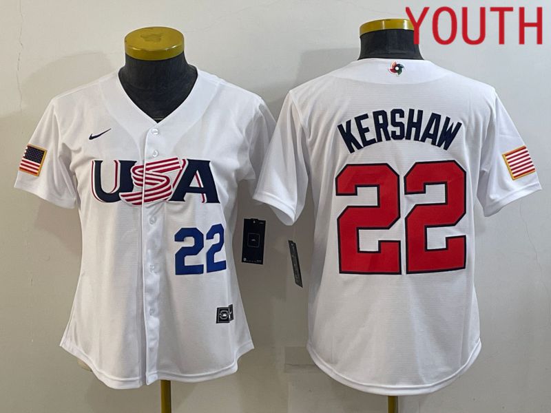 Youth 2023 World Cub USA #22 Kershaw White MLB Jersey4->youth mlb jersey->Youth Jersey